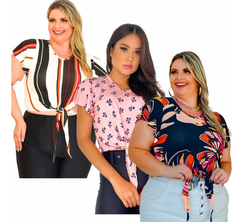 Kit Com 3 Blusinhas Feminina Plus Size Camiseta  Blogueira