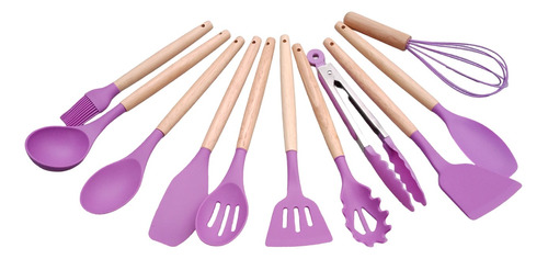 Set X12 Kit Utensilios De Cocina Mango Madera Punta Silicona