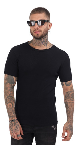 Camiseta Masculina Canelada Estilo Americano Slim Algodão