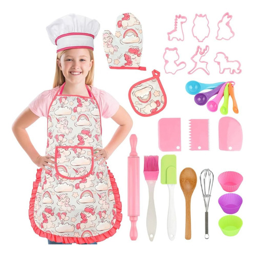 Juego Pasteleria Reposteria Niños Delantal Gorro Chef 26 Pcs Color Rosado