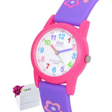 Reloj Q&q Niña Morado Flores Números Y Manecillas