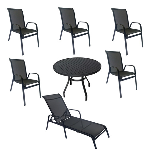 Kit 5 Cadeiras Tela Sling + 1 Mesa Ø120 + 1 Espreguiçadeira