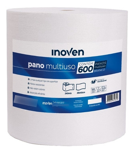 600 Panos Multiuso Perfex 28x40cm Inoven Rolo 240m Limpeza Cor Branco