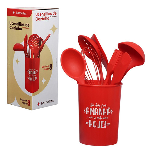 Jogo Utensílios Cozinha 9 Colheres De Silicone Cabo Inox 