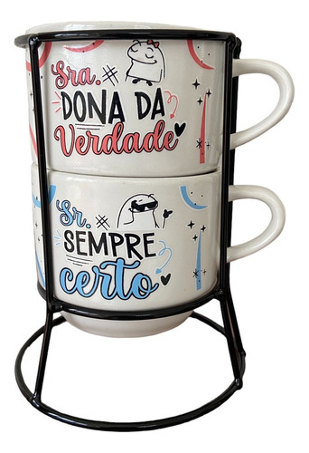 Kit 2 Xicaras Porcelana Chá Café Flork Casal + Suporte Metal