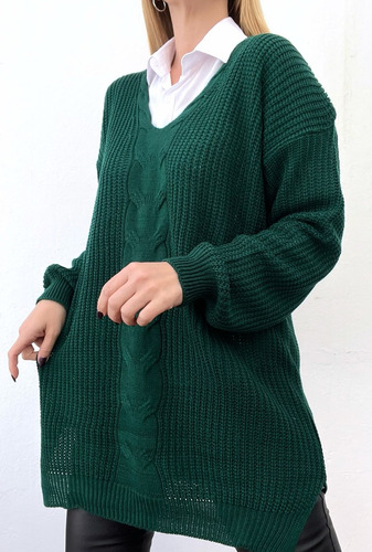 Maxi Sweater Trenzado Oversize Lana Mujer Invierno