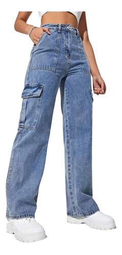 Calça Cargo Wide Leg Jeans Feminina  Tendência 100% Jeans