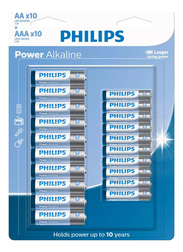 Kit C/ 20 Pilhas Alcalina Philips 10 Aaa + 10 Aa Power 