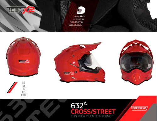 Casco Techx2 632a Cross/calle Rojo Ecer22-05