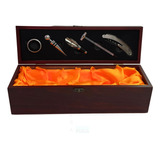 Kit Porta Vinho Luxo 5 Acessórios Inox E Caixa De Madeira