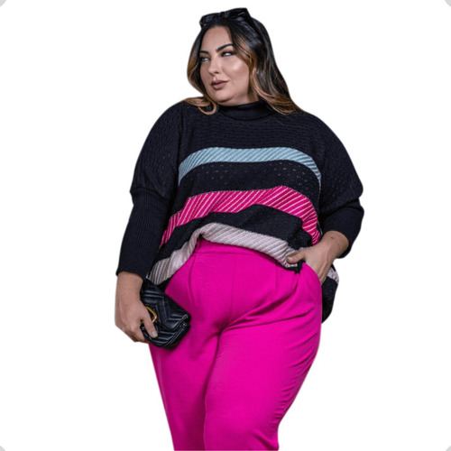 Blusa Feminina De Lã Poncho Plus Size Gola Alta Preto Invern