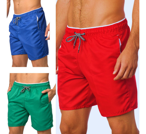 Kit 3 Short Calção Masculino Tactel Grosso Curto Liso Praia 