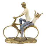 Enfeite Estatua Pai E Filho Na Bike 25x22x6cm Dourado