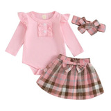 Conjunto Vestido Falda Cuadros- Pañalero + Listón  Bebe Niña