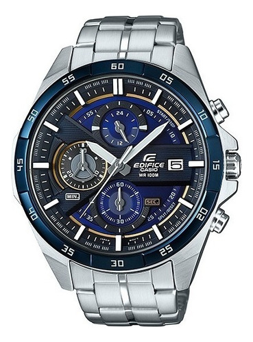 Reloj Pulsera Casio Edifice Efr-556 De Cuerpo Color Plateado, Analógico, Fondo Azul, Con Correa De Acero Inoxidable Color Plateado, Agujas Color Gris Y Blanco, Dial Blanco, Subesferas Color Azul Y Gri