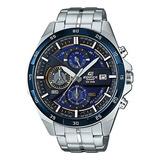 Reloj Pulsera Casio Edifice Efr-556 De Cuerpo Color Plateado, Analógico, Fondo Azul, Con Correa De Acero Inoxidable Color Plateado, Agujas Color Gris Y Blanco, Dial Blanco, Subesferas Color Azul Y Gri