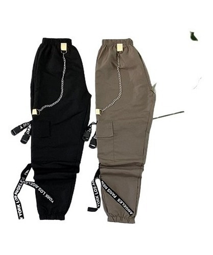 Calça Jogger Gringa Com Bolso E Corrente - Preta E Bege