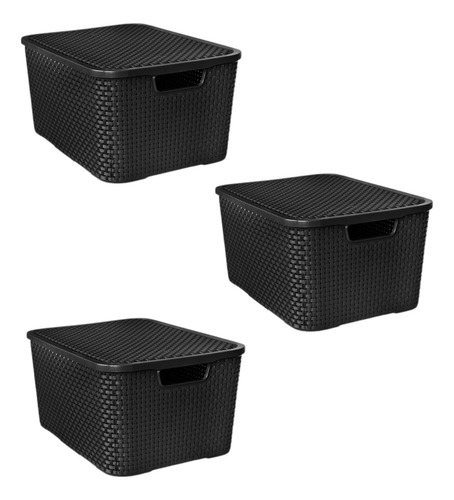 Kit 3 Caixa Organizadora Cesto Rattan Preto 15l Com Tampa