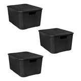 Kit 3 Caixa Organizadora Cesto Rattan Preto 15l Com Tampa