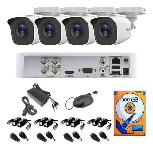 Kit Video Vigilancia 4 Cámaras Hilook Hd 720 Baluns Disco Duro 500gb