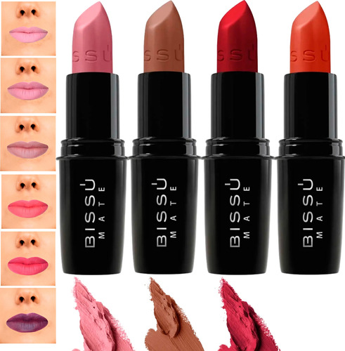 Kit Set 12 Labiales Mate Bissu Tonos Cafés Rojos