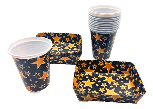 Kit Fiesta Vasos Platos Negro Dorado Estrellas X 12 Un