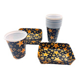 Kit Fiesta Vasos Platos Negro Dorado Estrellas X 12 Un