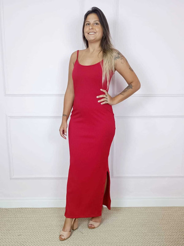 Vestido Longo Canelado Alcinha Slim E Plus Size Com Fenda