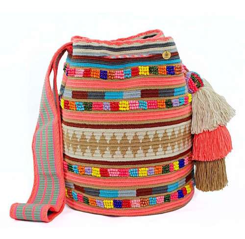 Mochila Wayuu Original Decorada Mostacilla Bordada  + Regalo