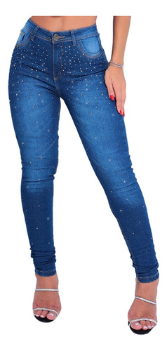 Calça Jeans Feminina Skinny Lycra Detalhes Strass Brilhantes