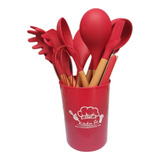 Jogo Kit C/12 Peças Utensílios De Cozinha Colheres Espatulas Cor Vermelho