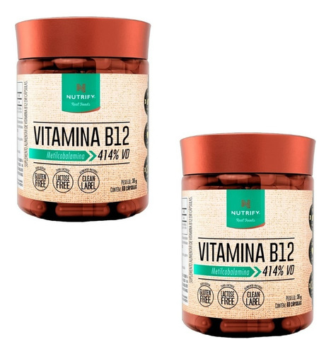 2 Potes Vitamina B12 Metilcobalamina - 60caps Nutrify B 12