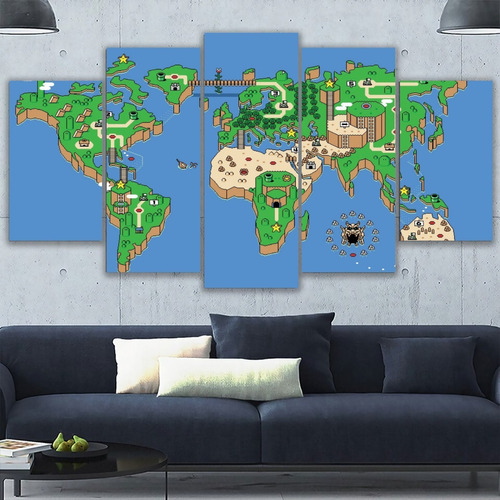 Set 5 Cuadros Canvas Mapa Mundial Estilo Mario Bros 150x80cm