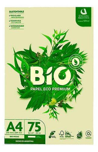 Resmas Bio Papel Color Natural Ecologico A4 75grs X 10 Unida