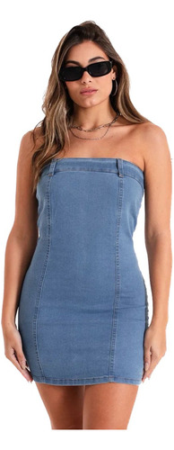 Vestido Mujer Jean Elastizado Strapless Ajustado Corto