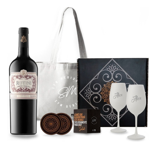 Box Set Vino Rutini Cabernet 2 Copas Blancas Grabada Estuche