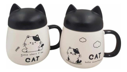 Mug Taza Con Diseño De Gato Y Tapa Negra Con Orejas