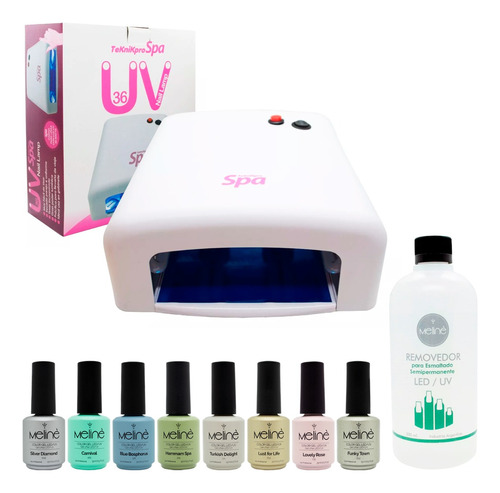 Meline Kit X8 Esmaltes + Removedor + Cabina Uñas Uv 36w 3c