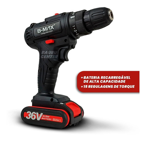 Parafusadeira Furadeira Sem Fio 36v 2 Baterias 340w Bivolt Cor Preto Frequência 1550rpm 110v/220v