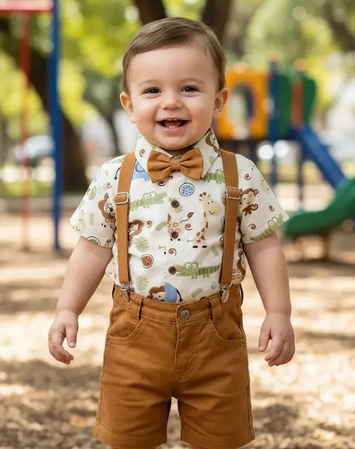Roupa Safari Arca De Noé Listrado Bege Com Gravata Verde