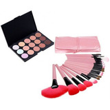 Kit Paleta De Base E Corretivo + Pincel Com 24 Pçs Rosa