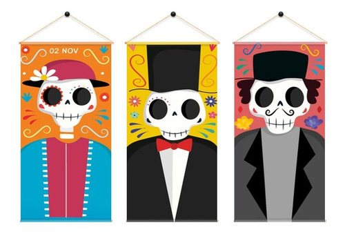 Adornos De Calaveras De Dia De Muertos  3 Pendones 60x30cm