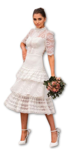 Vestido Midi Doce Maria Londres Em Renda Branca Para Noiva