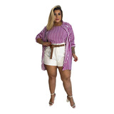 Camisa E Cropeed Listrado Plus Size Feminino