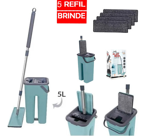 Esfregão Flat Mop Rodo Balde Vassoura Magica C/ 5 Refil Pano