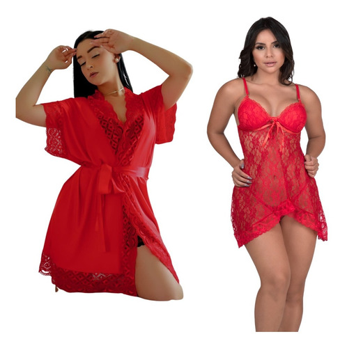 Conjunto Feminino Lingerie Sexy Transparente + Robe Cetim 