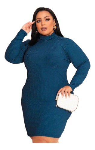 Vestido Plus Size Canelado Manga Longa Tubinho Do 46 Ao 52