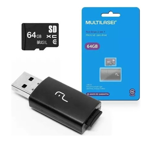 Pen Drive 2 Em 1 Leitor Usb + Micro Sd Multilaser 64gb Mc164