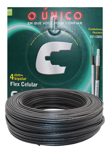 Cabo Coaxial 4mm Bipolar C/ Alimentação Cftv Preto 100m