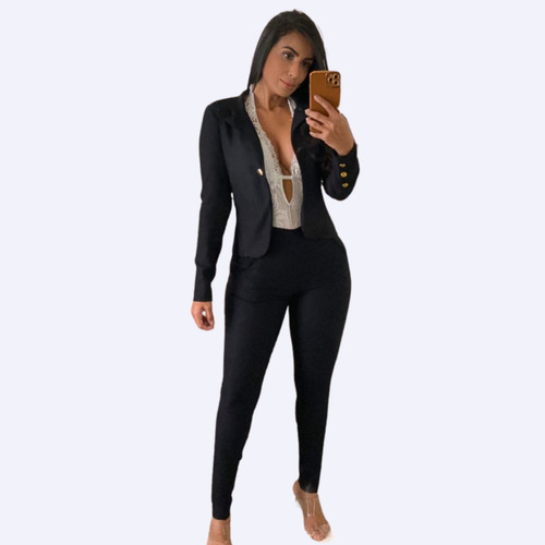 Conjunto Calça Elegante + Blazer Terno Social P M G Gg Preto